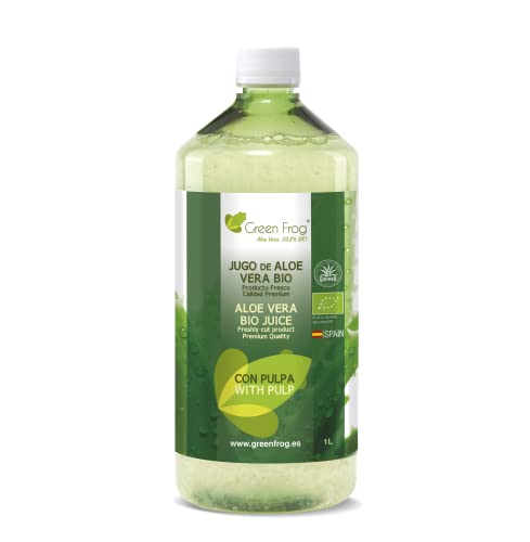 Green Frog - Jugo de Aloe Vera (99,8%) con Pulpa - 1 Litro - 100% Ecológico - Rico en Vitaminas A,...