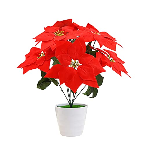 QSDGFH 2 piezas artificiales de Navidad rojas, flores de Poinsettia en maceta de Navidad con diseño...