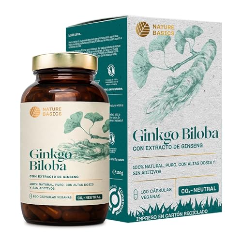 Nature Basics® Ginkgo Biloba natural sostenible en tarro de ámbar | 180 cápsulas veganas...